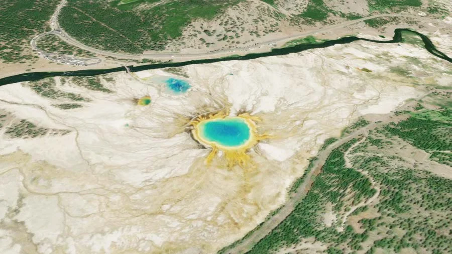 Grand Prismatic Spring viewed from above in OpenSpace, from the Astrobiology program guide